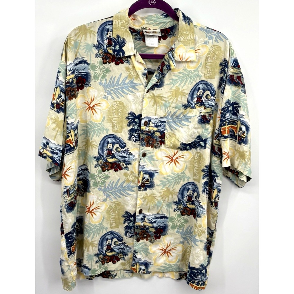 Surfing Mickey Hawaiian Shirt L Woodie Car Disney World Parks Mens Bottom Up